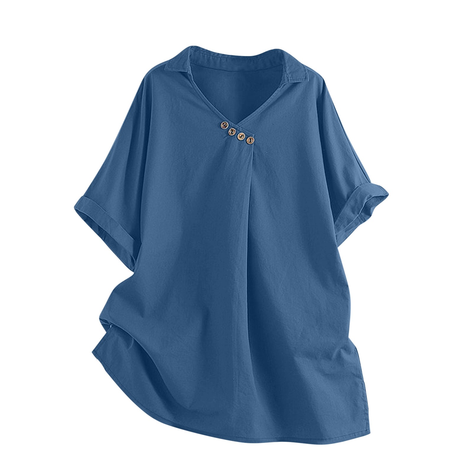 thumbnail image 1 of Blusa con cuello en V y botones para mujer, tejido ligero de verano, corte holgado, diseño asimétrico, camisa informal de estilo urbano, 1 of 3